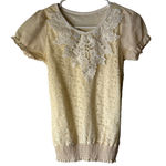 Lace Blouse‎ Vintage Small Short Puff Sleeve Floral Pearl Trim VictorianTop Photo 0