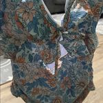 Floral sexy cutout one piece bathing suit with ruffles and adjustable tie back Blue Size L Photo 1