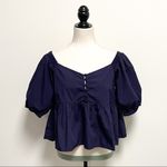 Free People  Navy Veronica V Neck Buttons Top 1/2 Puff Sleeves NWT Small Peplum Photo 2