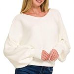 Boat Neck Balloon Sleeve Ribbed Sweater in Off White Size L Photo 1
