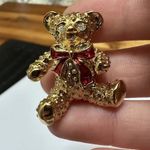 Avon Teddy Bear With Red Bow Gold Tone Lapel Tack Pin Photo 1