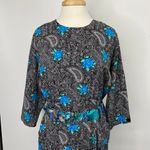 Vintage Midi Dress Paisley Floral Printed Belted Black Blue Womens Medium Photo 5