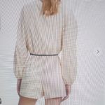 Maje  Ibioli Belted Beige Pinstriped Romper Neutral Chic Balloon Sleeve Size 34 Photo 9