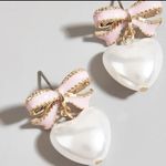 Pink & Gold Pearl Bow Heart Drop Earrings | Romantic Dangle Studs NWT Photo 3