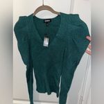 EXPRESS  NWT Stretch Ribbed Emerald Green Sz XXS V-Neck Long Puff Sleeve Sweater Photo 11