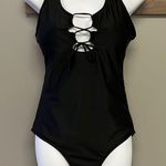 SheIn Black One Piece Plunging Neckline with Tie and Razorback Swimsuit- Large Photo 0