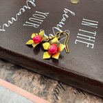 Vintage Flower Dangle Earrings Brass Pink Bead Gold Photo 1