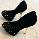 Black Faux Suede Gold Studded Metallic High Heel Platform Pumps Size 5.5 Photo 4