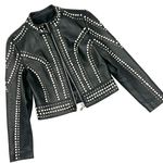 Genuine Leather Studded Crop Jacket Coat Blazer Cardigan Parka Slim Fit Rhinestones Black Size M Photo 11