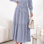 Dowerme Women's Long Sleeve Button Up Floral Print Belted Tiered Boho Maxi Dress Blue Size L Photo 2