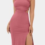 Halara 09H3.- Ruched Backless Crisscross Lace Up Split Bodycon Midi Casual Dress. Photo 0