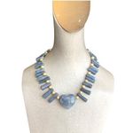 Blue Kyanite Stone Heart Pendant Statement Necklace With Gold Faux Pearl Beads Photo 0