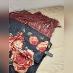 Echo Burgundy Peach Roses Black Silk Long Neck Scarf with Fringe Photo 2