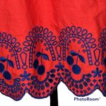 Crown & Ivy  MED red white cute blouse blue embroidered cherry scalloped bottom Photo 11