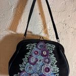 Black Suede Bag Vintage LULU GUINESS Purple Blue Floral embroideried needlepoint Photo 0