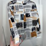 SheIn  Newspaper Mixed Media Paper Collage Styled White Button Up Blouse Size Med Photo 7