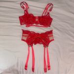 For Love & Lemons  Rosa Lace Heart Bra and Garter Belt, Red, Small Photo 1