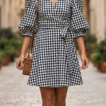 Style Addict Gingham Mini Wrap Dress Puff Sleeve V Photo 0