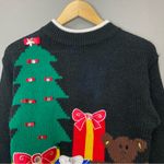 Vintage Christmas Sweater Teddy Bear Quirky Ugly Fun Tree FLAWS Women Medium‎ Black Photo 4