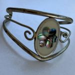 Vintage Alpaca Mexico Silver Purple Abalone Flower Inlay Hinged Cuff Bracelet 6” Photo 2