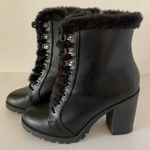 EXPRESS Faux Fur Trimmed Black Chunky Heeled Combat Platform Boots Sz 7 Photo 1