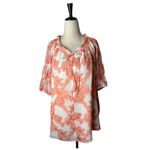Current Air Shirt Women Large Orange White Floral Ruffle Tie Neck Blouse Boho Photo 1