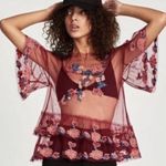ZARA  Floral Embroidery Maroon Boho Mesh Peplum Blouse Size M Photo 6