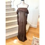 Meshki NWT  Brown SHEER Satin Trim Off the Shoulder Long Sleeve Maxi Dress Photo 1