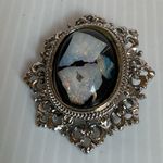Vintage Baroque Opal Style Glass Brooch Pendant Gold Ornate Frame Pin Victorian Silver Photo 9