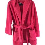 Lands' End Womens Fleece Cardigan Sweater Hooded Belted Pockets Bright Pink XS Photo 0