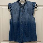 Miou Muse Denim Ruffle Neck Button Down Back Sleeveless Top Photo 1