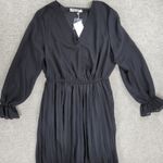 BBX Lephsnt Faux Wrap Dress Womens M Black Pleated Long Puff Sleeve Midi New Size M Photo 7