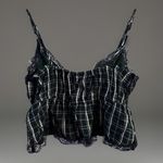 American Eagle Outfitters XS Summer Top Navy Beige Plaid Babydoll Lace Photo 5