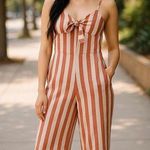 Forever 21 Womens Striped Cotton Linen Front Tie Jumpsuit Medium Red White Resortwear Photo 0