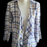 Daytrip -navy and tan flannel drape front top, long sleeves, semi sheer back, excellent condition, size small Photo 2