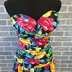 80's Bold Floral Strapless Party Dress | Ruched Bustier Mini Bubble | Size 10 Pink Photo 1