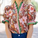 Entro  ruffle blouse floral puff short sleeve neck mock pink thanksgiving top Photo 6