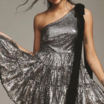 Geisha Designs Sequin One Shoulder Black Velvet Bow Mini cocktail party Dress Silver Size 14 Photo 0