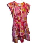 PINCH Women's Pink Gold Watercolor Ruffle Sleeve Tiered midi Dress Cinched Waist Photo 3
