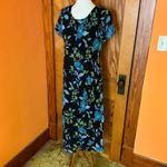 Vintage Black Floral Midi Dress Blue Green Flower Print Short Sleeve Size 12 Photo 9