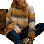 And The Why Striped Fuzzy Sweater size 1X/2X NWT Long Sleeve Grey White Yellow Gray Photo 2