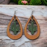 Western ethnic style cactus hollow water drop dangle wooden‎ earrings Tan Photo 4