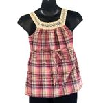Lovers Rock Juniors Plaid Sleeveless Tank Top Size Large, Crochet Trim Tie Waist Brown Photo 6