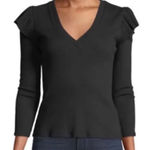 Veronica Beard ‎ Selene Ribbed Ruffle Top Size XS Long Sleeve Black Shirt Photo 0