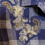 Kensie  Navy White Plaid Floral Embroidered Button-Down Boho Cozy Casual Shirt S Photo 5