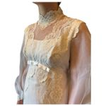Vintage 1970s Sheer Lace High Neck Bridal Wedding Gown with Bow Detail XS White Photo 6