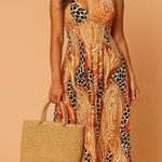 Alyn Paige Brown Orange Halter Neck Wood Beads Animal Print Maxi Dress Cruise Photo 0