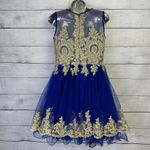 Tulle Prom Homecoming Dress Blue & Gold High Neck Tank Above Knee Length Size 4 Photo 4