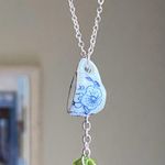 Handmade porcelain tea cup & Czech glass leaf unique fun fairy antique style necklace🫖🍃🌀 Photo 1