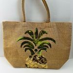 Jute Bon Voyage Beach Sequin Pineapple Beach Travel Tote Bag Vacation Tan NWT Photo 0